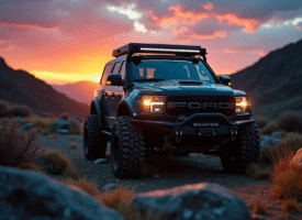 4x4 robuste en pleine nature au crépuscule avec phares allumés