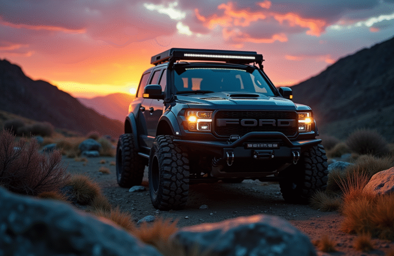 4x4 robuste en pleine nature au crépuscule avec phares allumés
