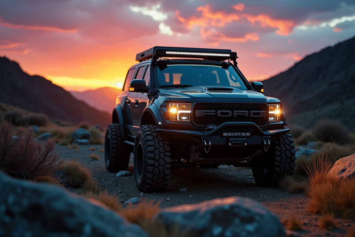 4x4 robuste en pleine nature au crépuscule avec phares allumés