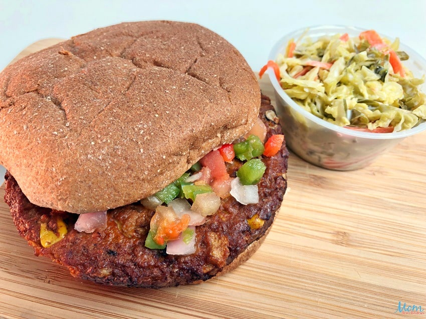 Diet-to-Go Southwestern Sandwich (Black Bean Burger), Multigrain Roll, Salsa, and Green Veggie Slaw