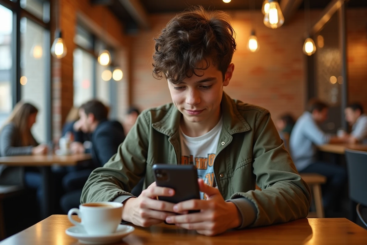 Adolescent consultant un site de scans manga sur smartphone dans un café urbain branché