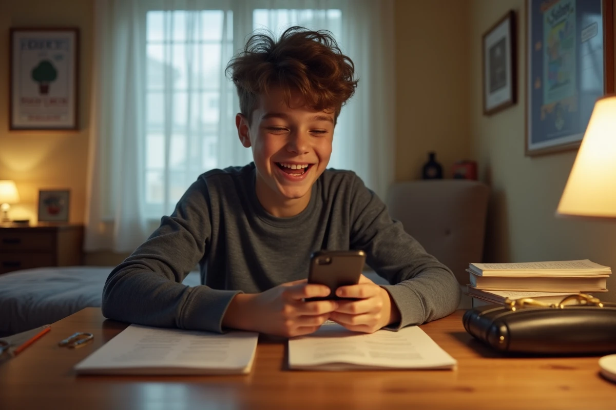 Adolescent souriant en train de lire une blague débile sur son téléphone pendant ses devoirs