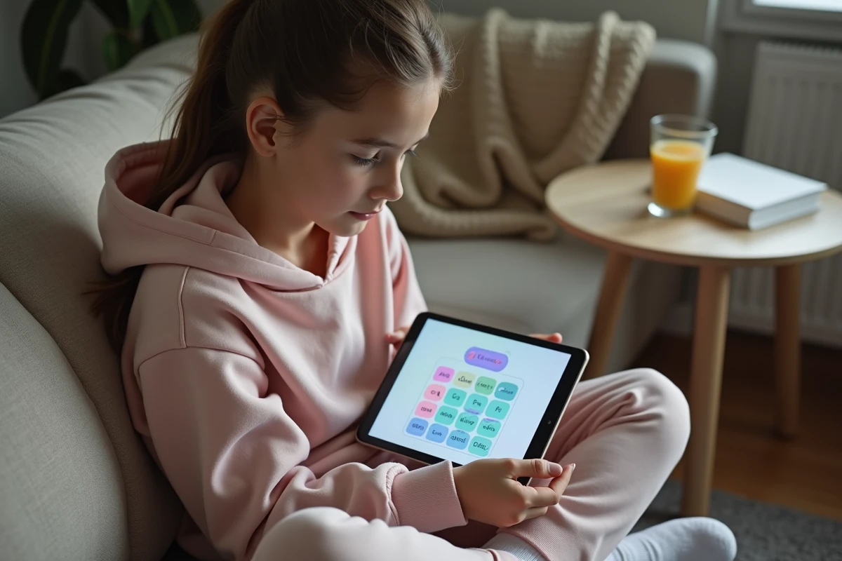 Adolescente jouant à CodyCross sur une tablette confortablement installée dans son salon