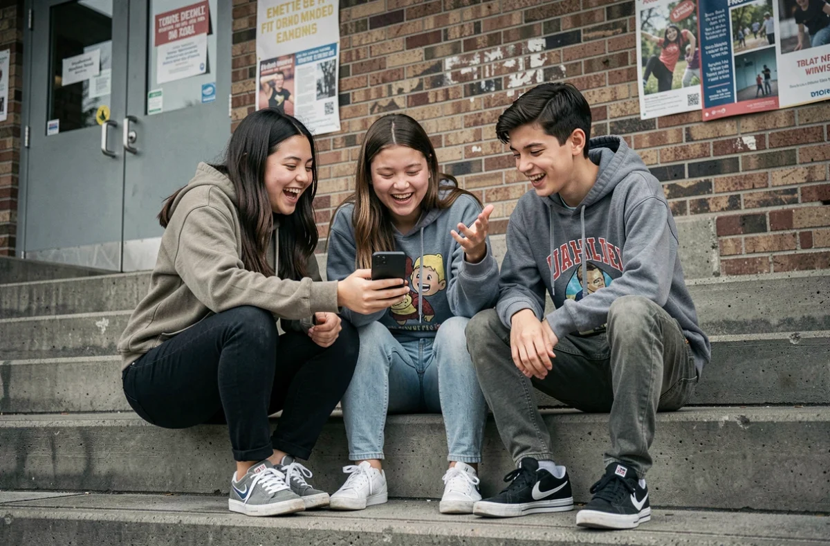 Groupe de jeunes adolescents partageant du contenu sur smartphone et utilisant le langage de leur génération devant un lycée urbain