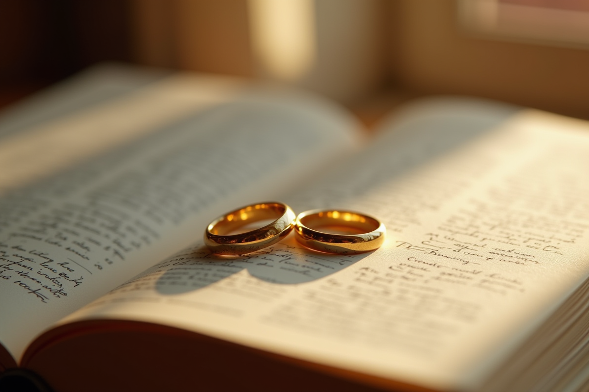Anneaux de mariage en or posés sur un livre avec notes manuscrites
