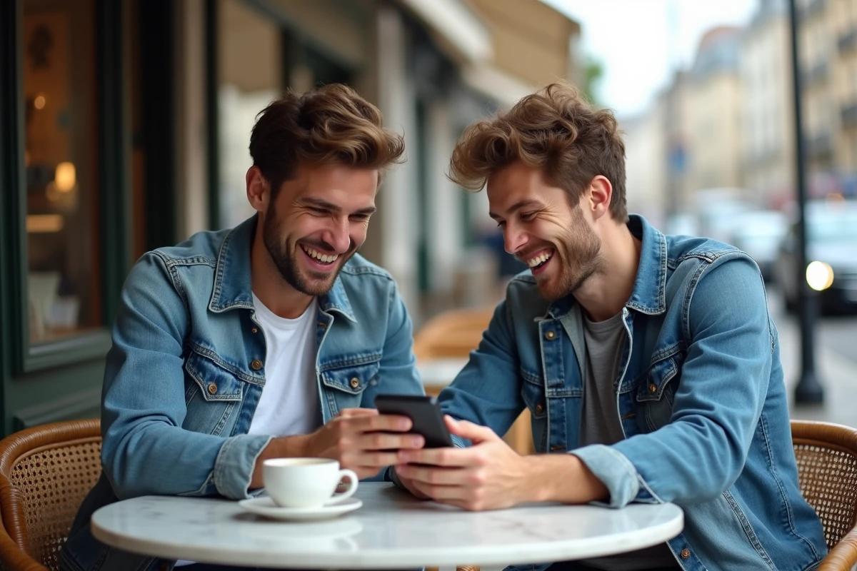 Deux amis qui partagent une blague débile par SMS en terrasse de café