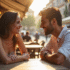 Deux amis souriants dans un café en plein air