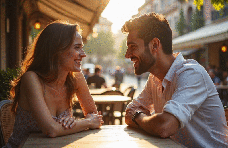 Deux amis souriants dans un café en plein air