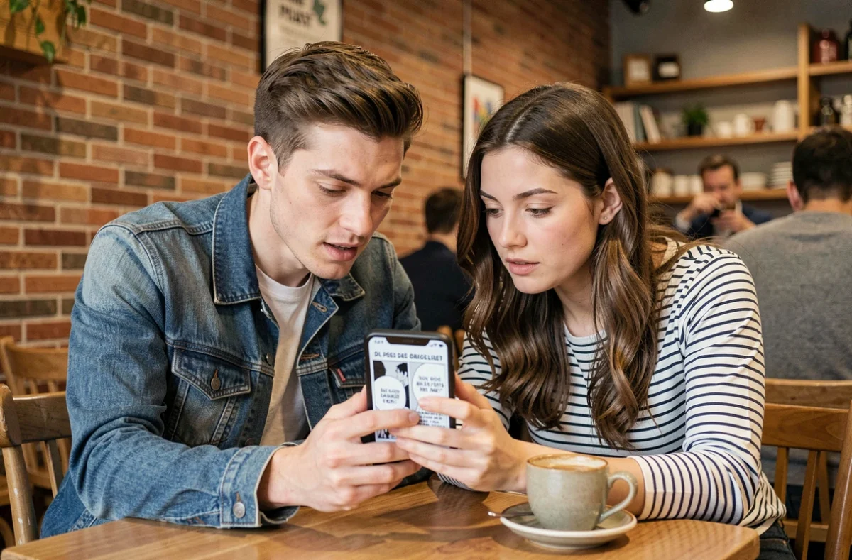 Deux amis regardant ensemble un scan VF de One Piece sur un smartphone dans un café