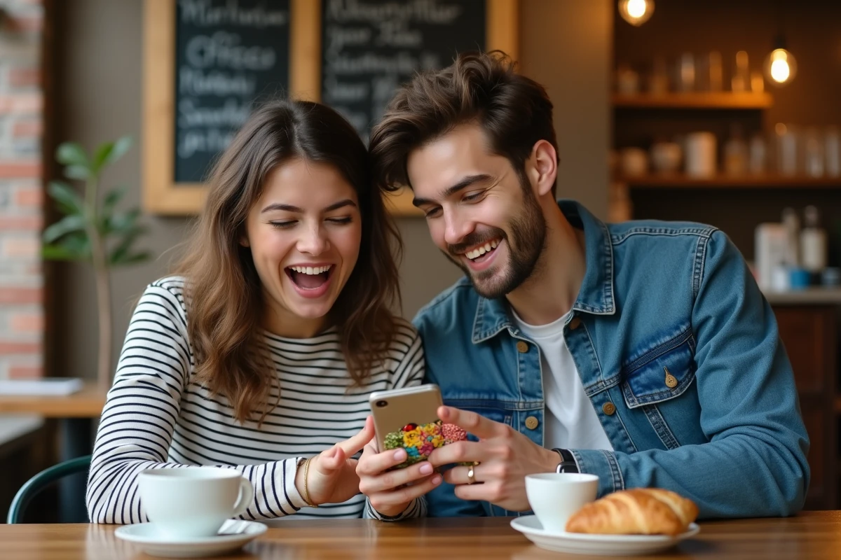 Deux amis partageant un webtoon sur smartphone dans un café urbain animé