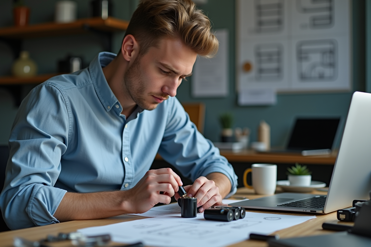 Ingénieur jeune homme assemble batteries lithium