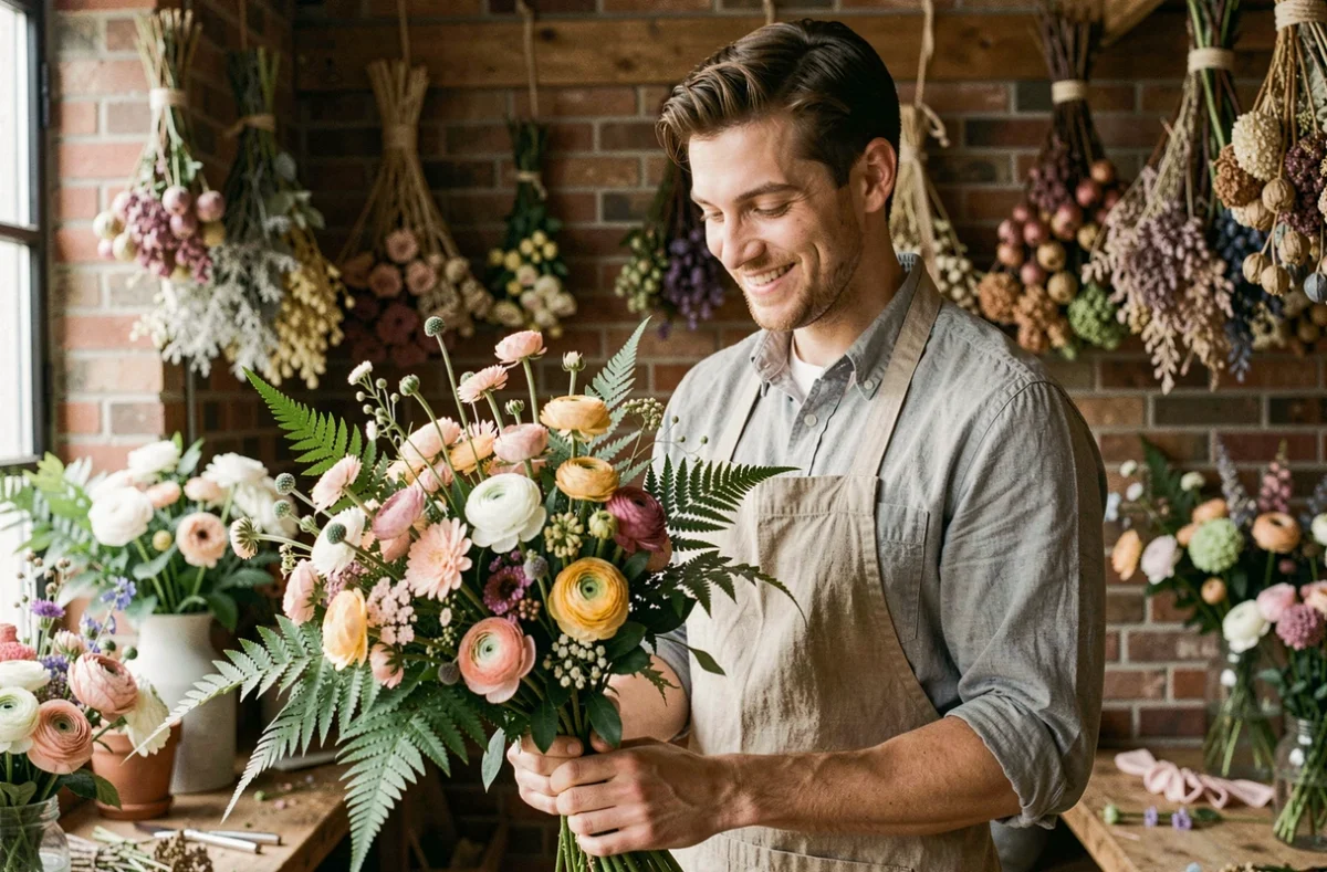 Cyril, fleuriste d'Au Jardin de Cyril à Épinal, enveloppant un bouquet champêtre de renoncules et fougères