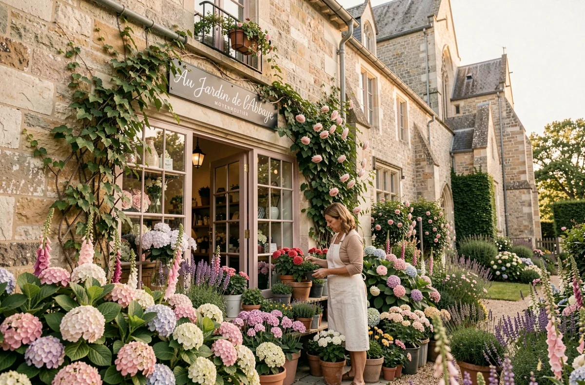 Façade d'Au Jardin de l'Abbaye à Moyenmoutier avec hortensias et roses grimpantes devant une abbaye en pierre historique