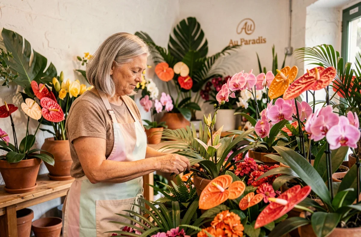 Fleuriste d'Au Paradis à Saint-Dié-des-Vosges arrangeant des orchidées et anthuriums exotiques dans la boutique