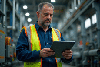 Auditeur énergie homme en tenue de sécurité dans une usine