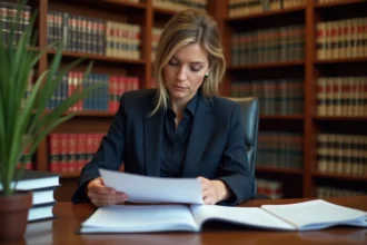 Avocate examinant un document juridique contenant des définitions légales de termes techniques comme NORIAS, dans un cabinet professionnel
