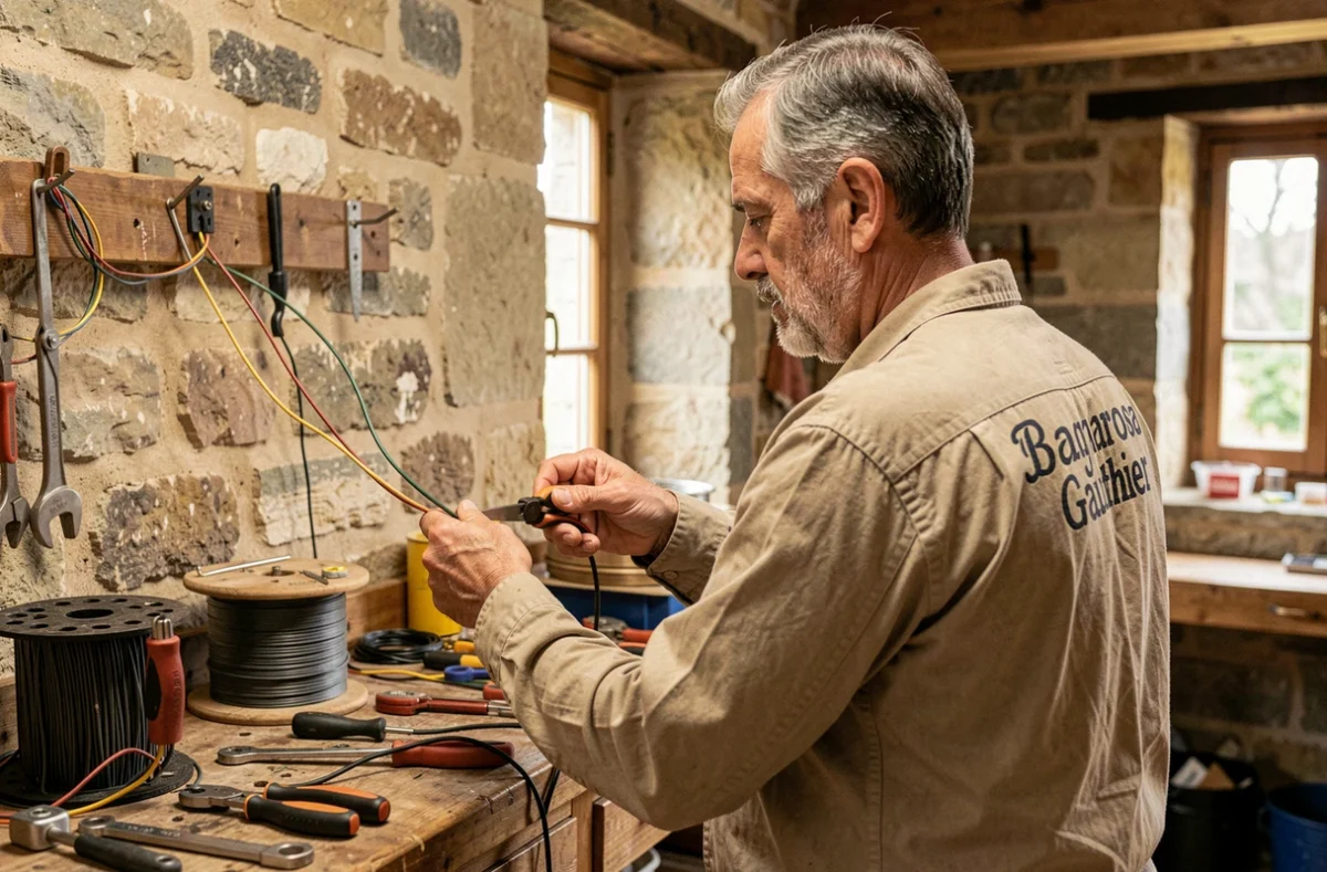Électricien de l'EURL Bagnarosa Gauthier câblant l'intérieur d'une vieille maison en pierre dans le Gers