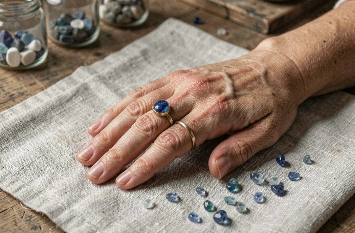 Mains de femme portant des bagues avec pierres bleues sodalite et apatite brute sur tissu lin gris dans un atelier de bijouterie