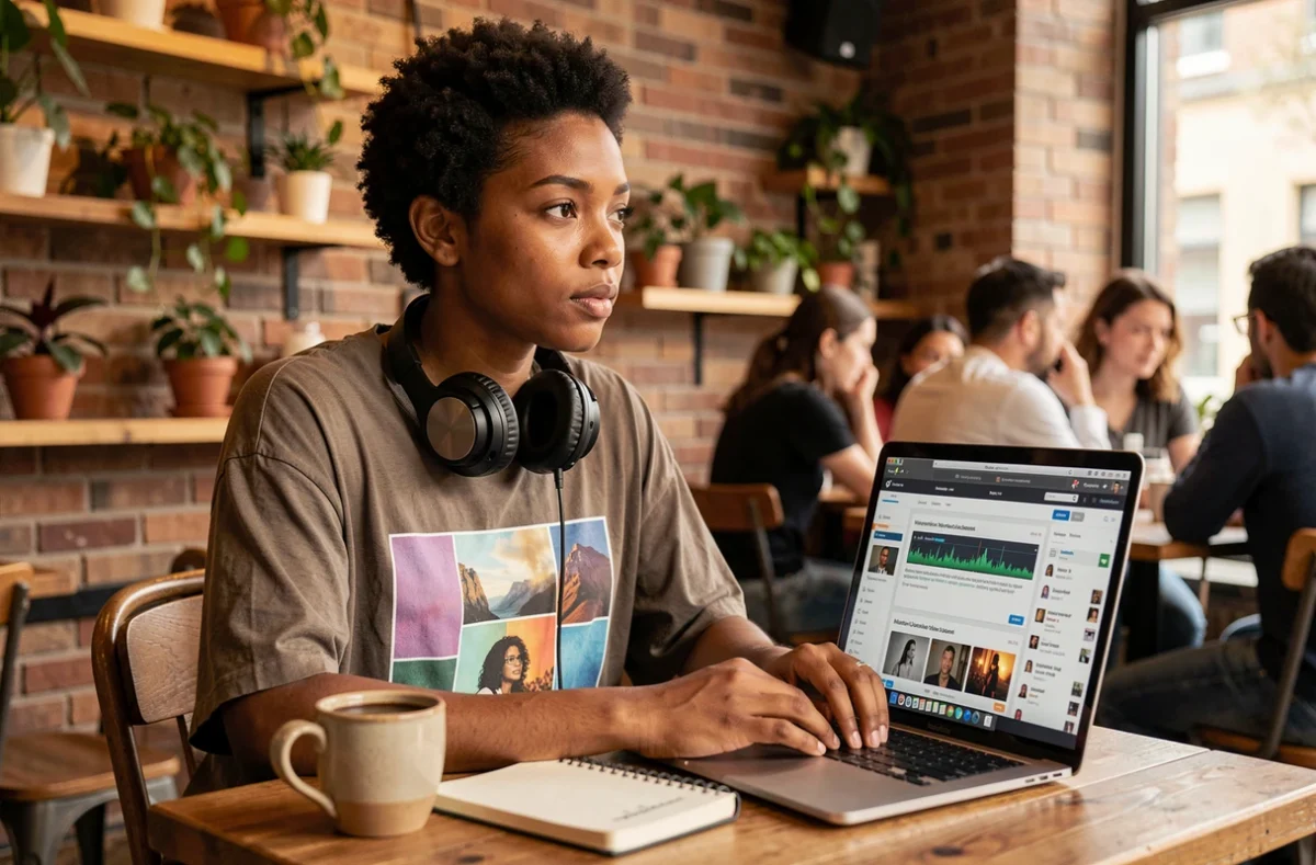 Femme productrice de musique écrivant sur un blog communautaire de musique électronique dans un café