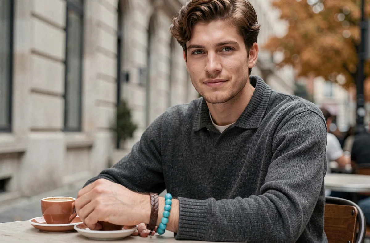 Jeune homme portant un bracelet en pierres bleues turquoise et bracelet cuir tressé à la terrasse d'un café en automne