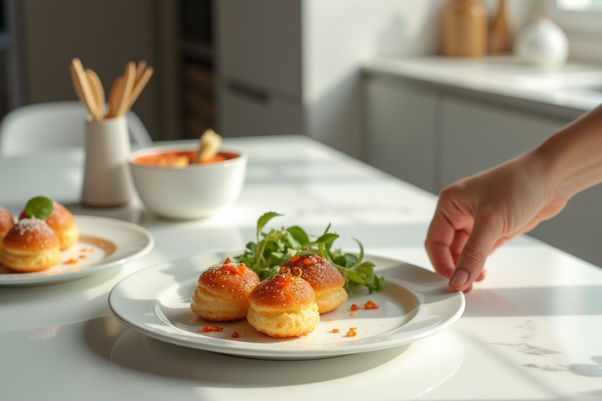 Table de brunch avec cannelés au chorizo et salade lumineuse