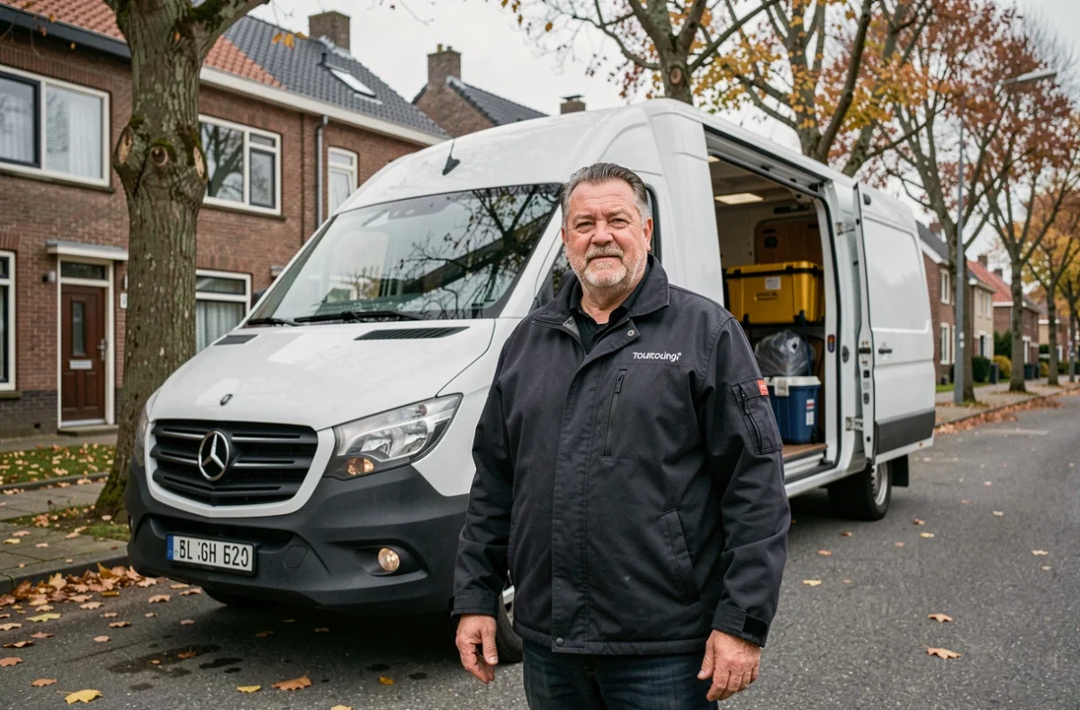 Déménageur expérimenté de Bruno Déménagements devant un camion blanc dans une rue résidentielle de Tourcoing