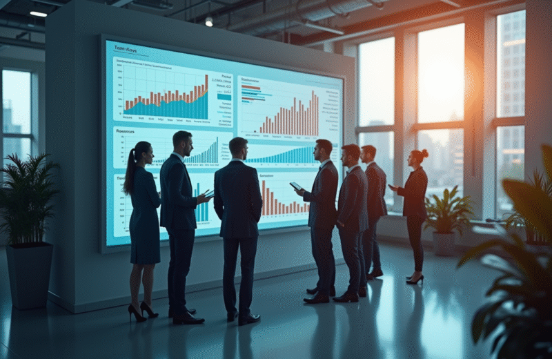 Espace de bureau moderne avec équipe autour d'un tableau digital
