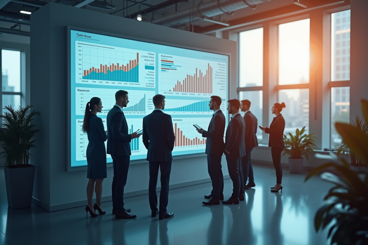 Espace de bureau moderne avec équipe autour d'un tableau digital