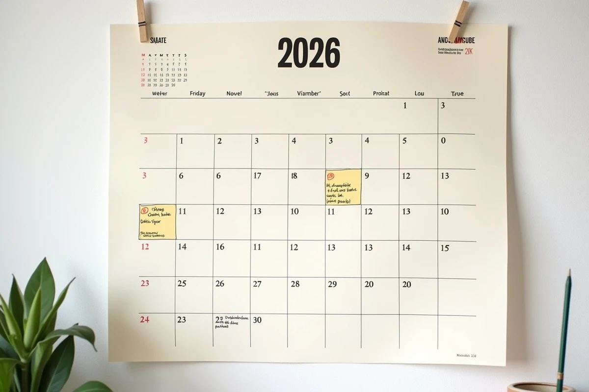 Calendrier mural papier 2026 avec les jours fériés français surlignés et annotés à la main