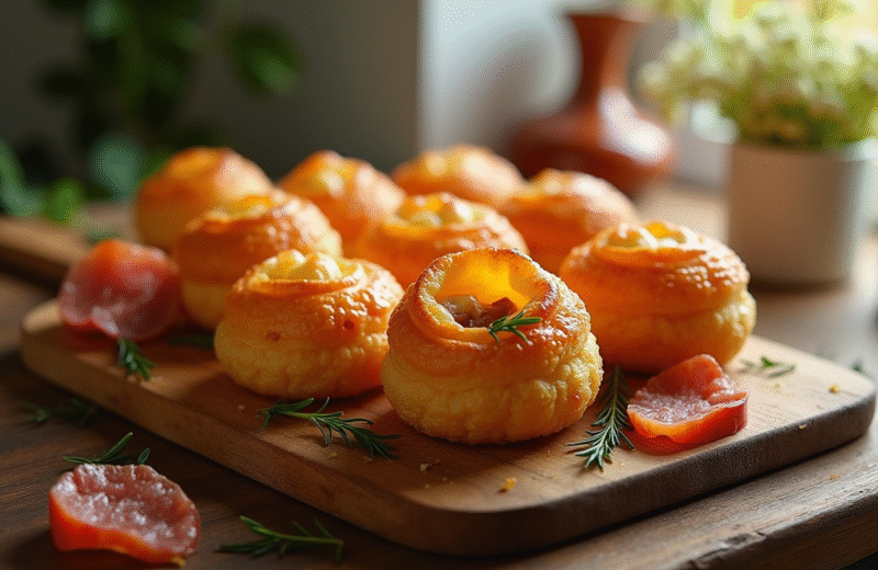 Cannelés croustillants avec chorizo sur planche en bois