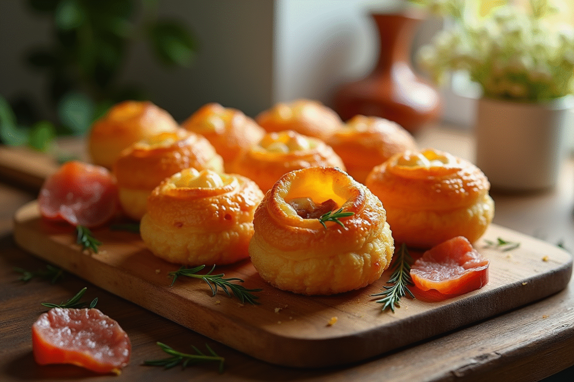 Cannelés croustillants avec chorizo sur planche en bois