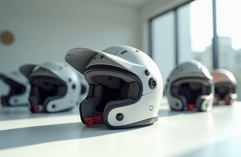 Groupe de casques sportifs modernes sur une table blanche