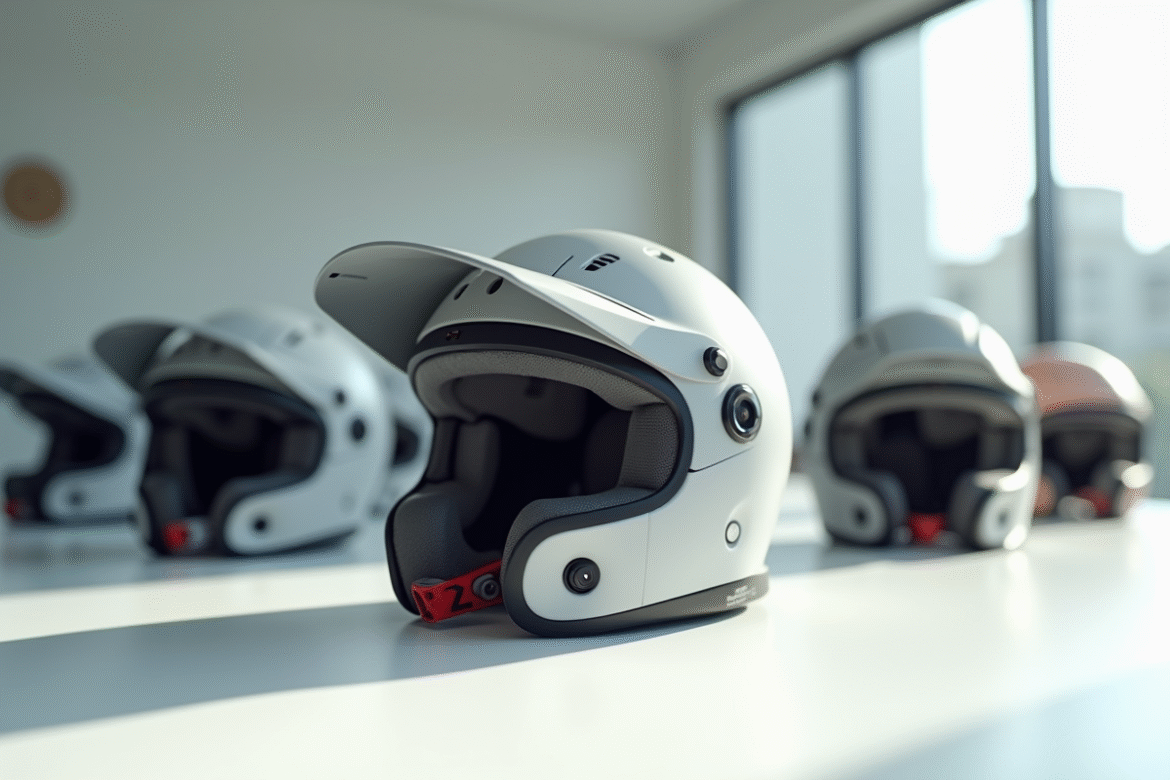 Groupe de casques sportifs modernes sur une table blanche