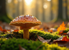 Champignon chanterelle seul parmi la mousse verte et feuilles mortes