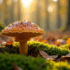 Champignon chanterelle seul parmi la mousse verte et feuilles mortes