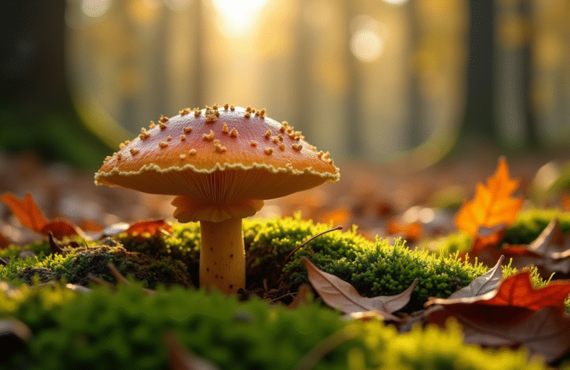 Champignon chanterelle seul parmi la mousse verte et feuilles mortes