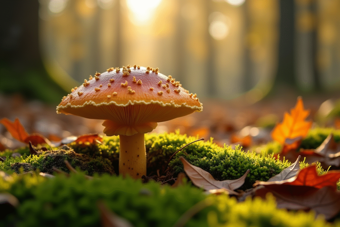Champignon chanterelle seul parmi la mousse verte et feuilles mortes