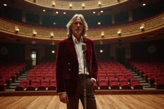 Chanteur britannique des années 70 en costume velours bordeaux sur scène dans une salle de concert historique anglaise