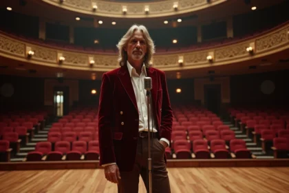 Chanteur britannique des années 70 en costume velours bordeaux sur scène dans une salle de concert historique anglaise