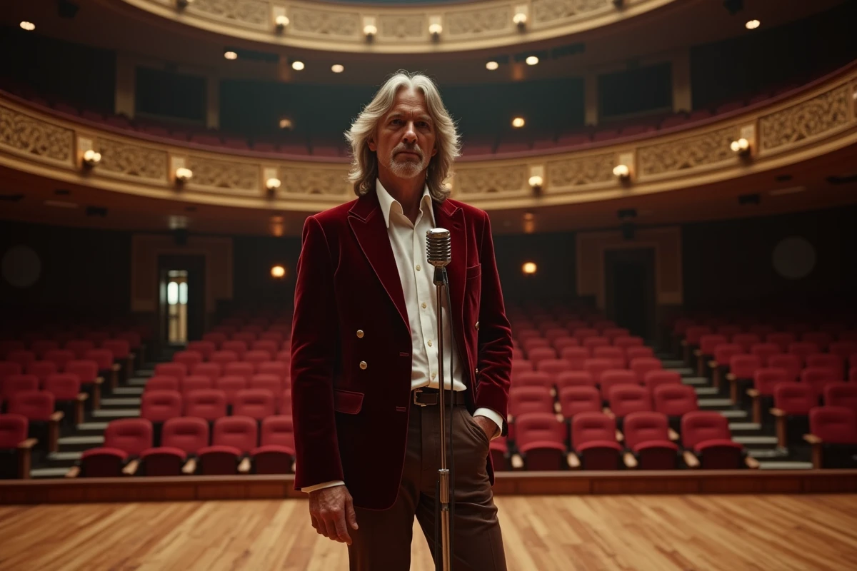 Chanteur britannique des années 70 en costume velours bordeaux sur scène dans une salle de concert historique anglaise