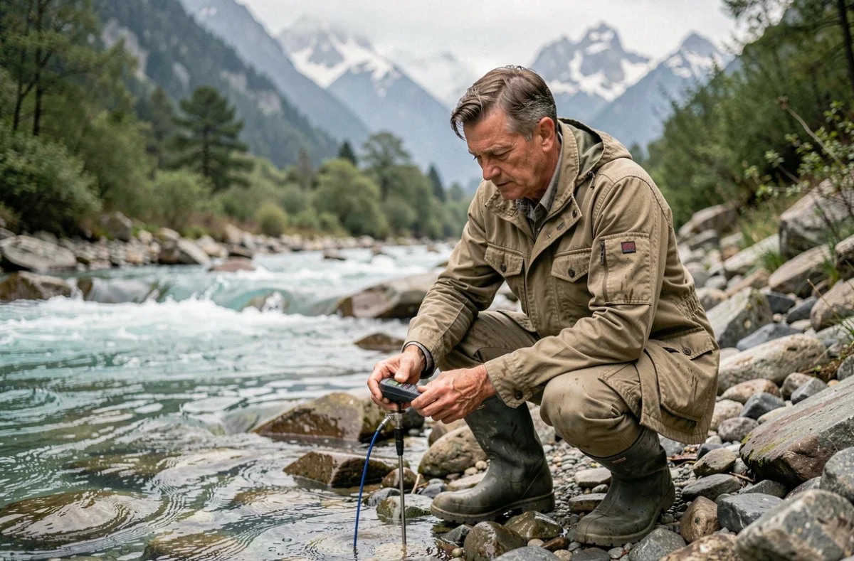 Géographe mesurant le débit du fleuve Rhône sur une rive rocheuse avec des sommets alpins en arrière-plan