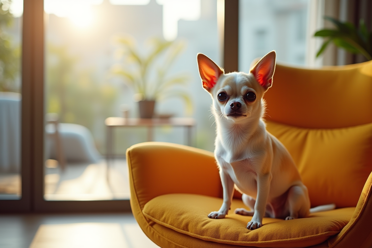 Chihuahua moderne assis sur un fauteuil dans un salon lumineux