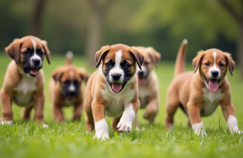 Chiot boxer jouant avec d'autres chiots dans un parc ensoleille
