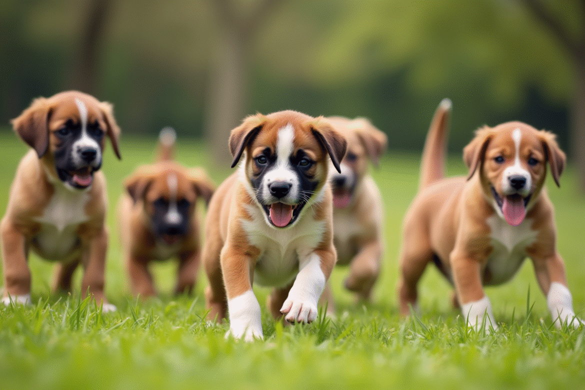Chiot boxer jouant avec d'autres chiots dans un parc ensoleille