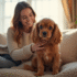Cocker spaniel assis sur un canapé dans un salon lumineux