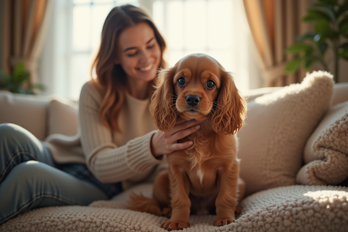 Cocker spaniel assis sur un canapé dans un salon lumineux
