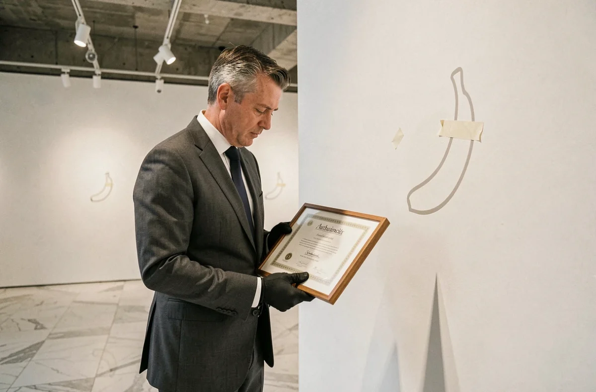 Collectionneur d'art tenant un certificat d'authenticité d'une œuvre banane dans une galerie privée contemporaine