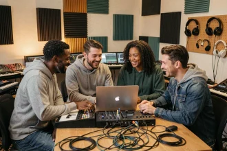 Groupe de producteurs de musique électronique collaborant autour d'un ordinateur et d'un contrôleur MIDI dans un home studio