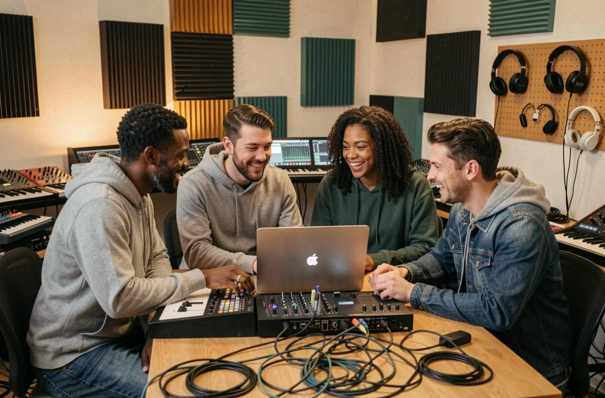 Groupe de producteurs de musique électronique collaborant autour d'un ordinateur et d'un contrôleur MIDI dans un home studio