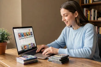 Jeune femme comparant des prix de boosters Étincelles Déferlantes sur plusieurs boutiques en ligne depuis son bureau à domicile